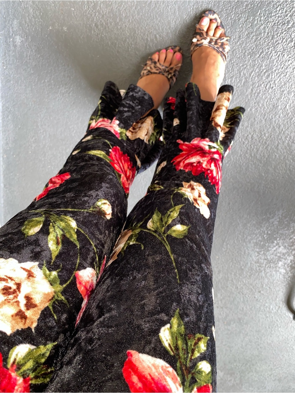 Black Floral Velvet Skinny Pants with Red Bloom